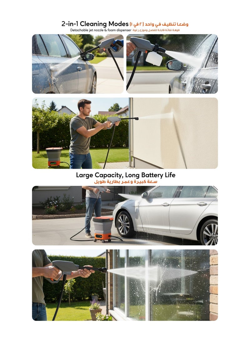 porodo Pressure Washer with 3M Water Pipe, Surface Cleaning, Pressure Cleaner for Car Wash, Patio & Garden, 15L Water Reservoir Capacity, Multifunctional, Adjustable Pressure Settings - Orange - Image 3